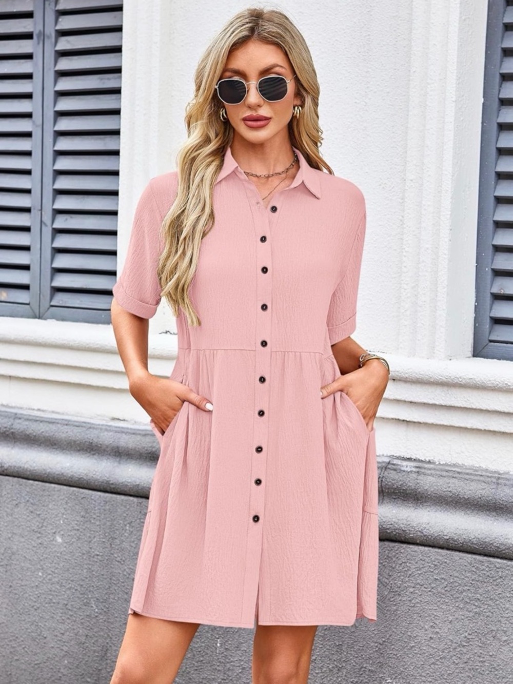 Women’s Pink Button-Front Shirt Dress
